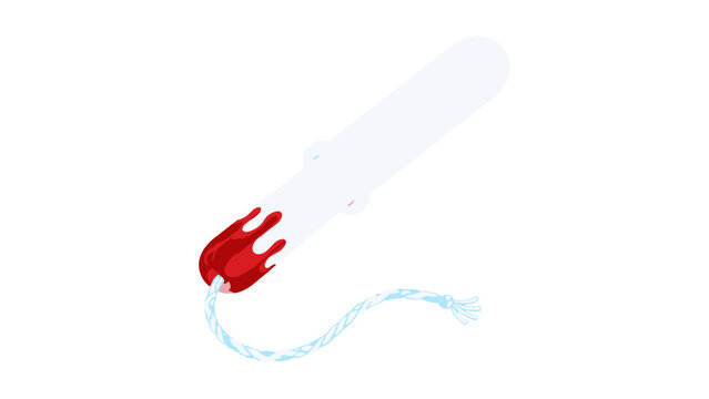 Blood-stained tampon with applicator and pull string