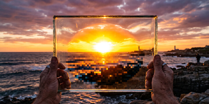 Hands hold transparent glass pane showing pixelated ocean sunset effect over rocky shoreline during golden hour creating unique digital art contrast.