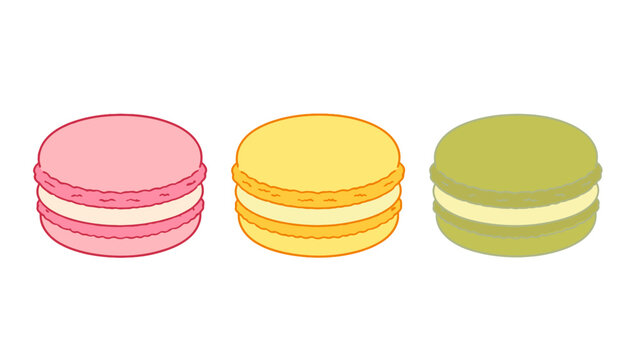 Colorful macarons with cream filling in pink yellow and green