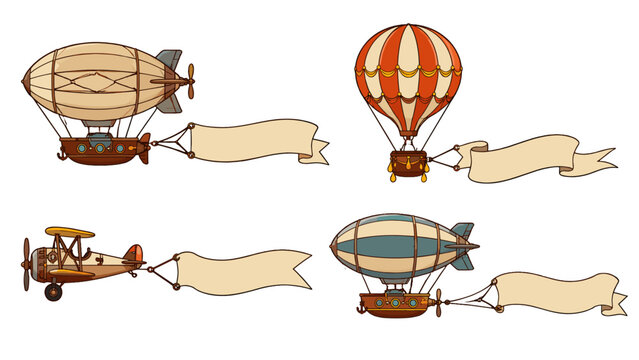 Vintage flying vehicles towing blank ribbon banners