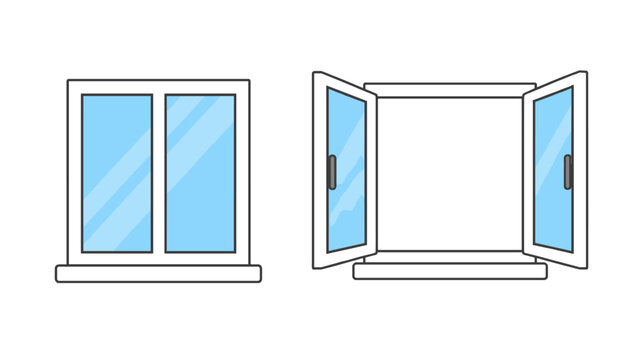 Set of open and closed windows with blue glass panes