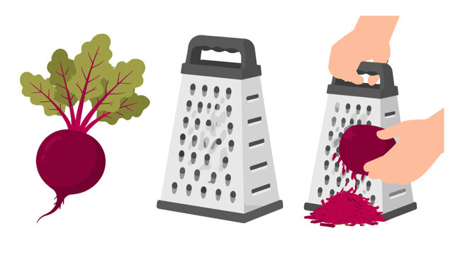 Hands grating beetroot with a box grater beside a whole beet