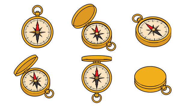 Set of gold pocket compasses with open and closed lids