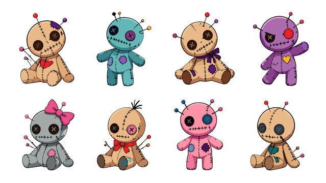 Set of colorful voodoo dolls with button eyes and pins