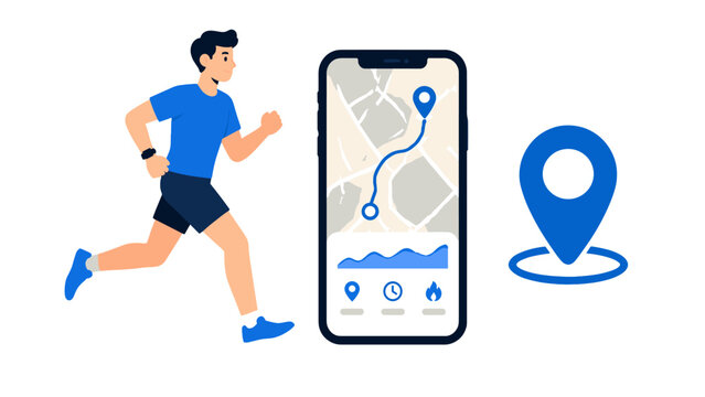 Man running beside a smartphone showing a mapped route