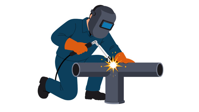 Welder joining metal pipes with a bright welding spark