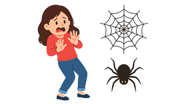 Scared girl facing a spider and spider web