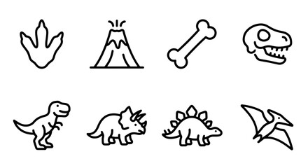 Dinosaur icons set with footprint, volcano, bone and skull for paleontology or prehistoric themes © Joya