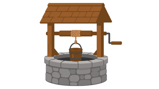 Stone water well with wooden roof and hanging bucket