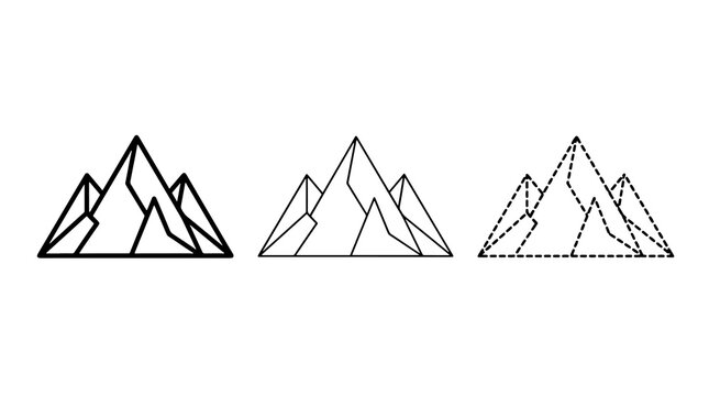 Minimalist mountain line art icons set with bold and dashed stroke styles