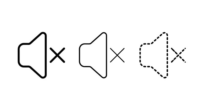 Black mute audio speaker line icons with cross symbol and dashed outline