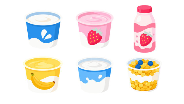 Set of yogurt cups and strawberry yogurt drink