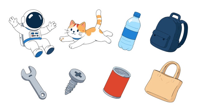 Hand drawn cartoon set with an astronaut and cat among everyday items