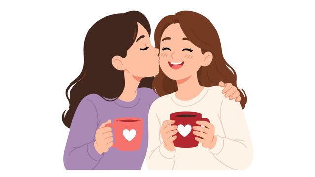 Friends sharing a cheek kiss while holding heart mugs