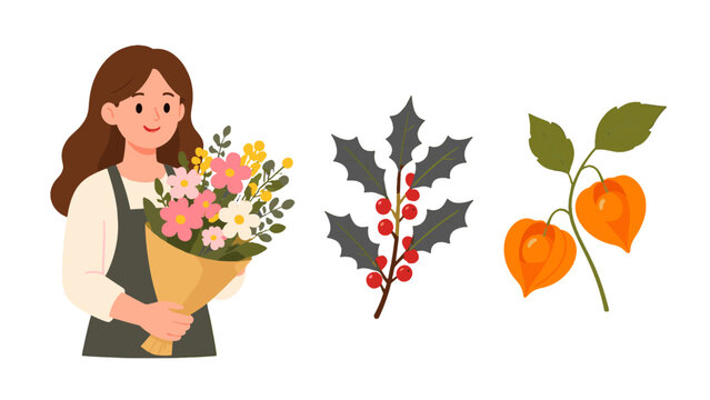 Woman holding a flower bouquet with holly and Chinese lantern sprigs