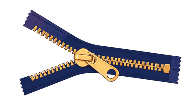 Unzipped navy zipper with gold teeth and a large slider