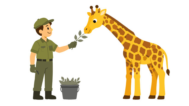 Zookeeper offering a leafy branch to a giraffe
