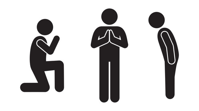 Set of stick figure icons showing people in various poses of prayer respect bowing and kneeling on white background