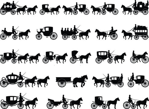 Horse carriage silhouette vector set isolated on white background, vintage transport icon collection