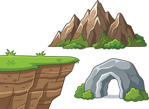 Mountain cliff and cave vector cartoon set isolated on white background landscape elements