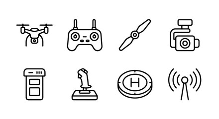 Drone line icon set with drone, remote control, propeller, gimbal camera, joystick, helipad and signal for technology and transport apps © Tareq