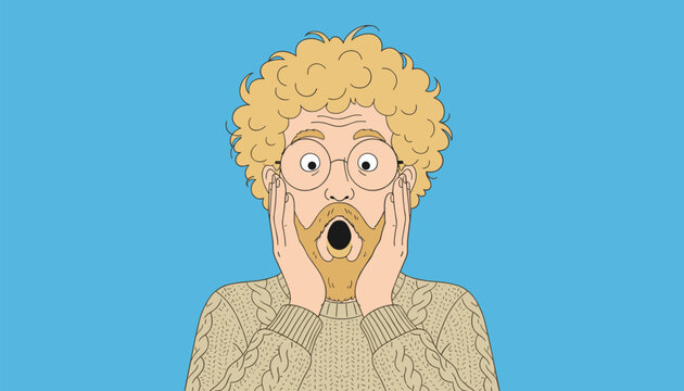 Surprised young man with curly blonde hair and glasses reacts with open mouth and wide eyes against a bright blue background illustration.
