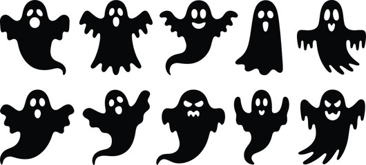 Obraz premium Collection of Halloween Floating Ghost Silhouette Vector Icon set, Spooky Scary Characters for Holiday, Halloween collection silhouette Celebration, Party Decorations and Seasonal Designs
