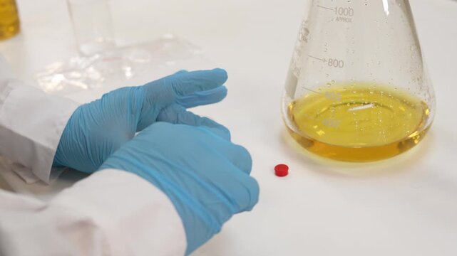Scientist using sterile forceps to place gridded membrane filter on red agar Petri dish for microbial testing