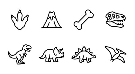 Dinosaur line icons set with footprint, volcano, bone and skull for prehistoric themes © Rakib