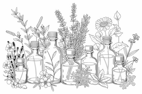アロマテラピーの精油瓶と草花を重ねて描いた白黒のインク線画イラスト