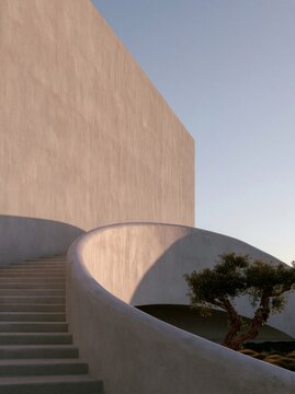 Curved white staircase beside a tree and sunlit wall