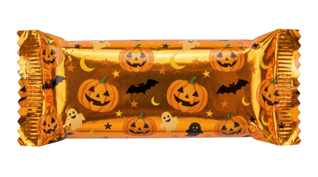 Halloween candy bar in shiny orange metallic wrapper with pumpkin, ghost, and bat pattern isolated on transparent background