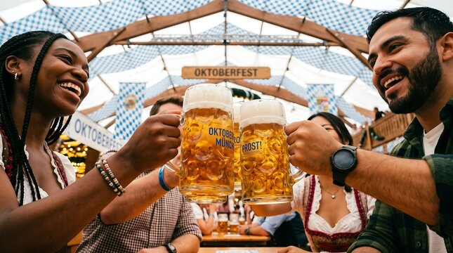  Group of diverse friends clinking traditional German beer steins at Oktoberfest