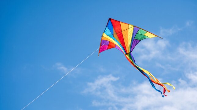 A vibrant rainbow colored kite soaring high in a clear blue sky with wispy white clouds