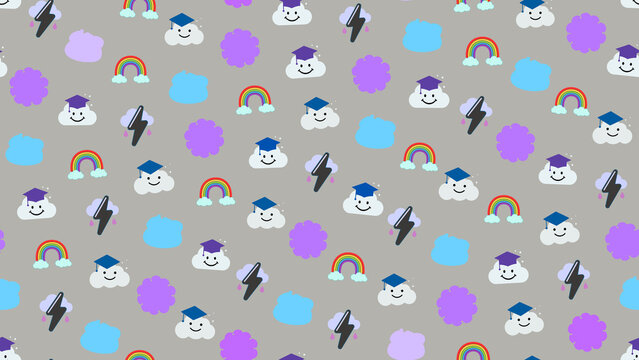 Cartoon pattern with clouds, rainbows, and graduation caps