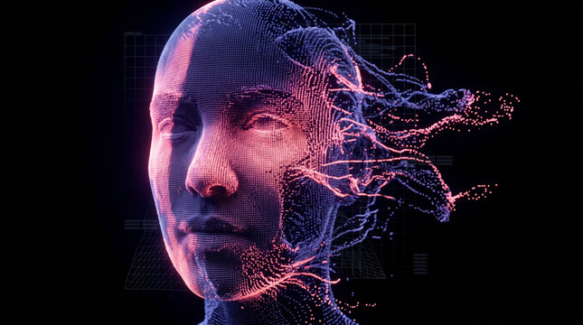 Human face dissolving into voxel particle cloud under cyberspace data stream grid aesthetic neon lighting simulation node point network structure dark intelligence cybernetic hardware technology