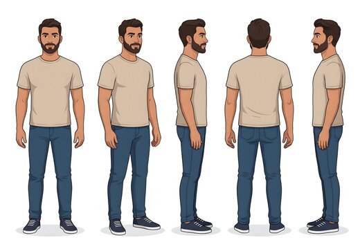 Man character turnaround sheet with various views in casual clothing