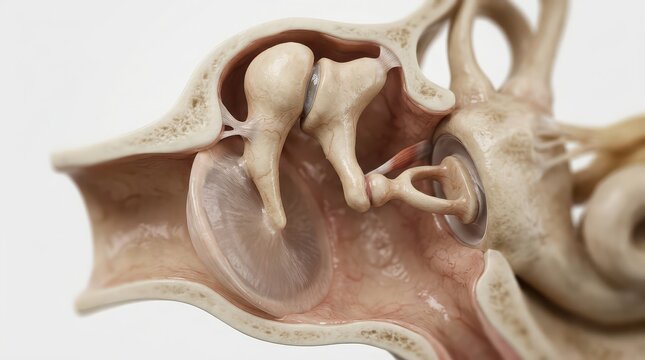 Extreme close-up 3D rendering of the middle ear ossicles and tympanic membrane malleus incus