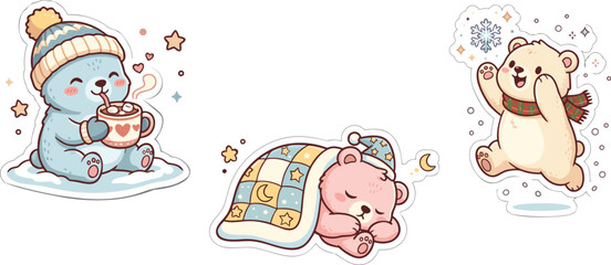 Cute fantasy winter bear cubs cartoon character sticker sheet set © Anistock