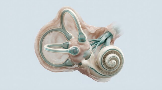 Close-up 3D rendering of the inner ear structures including cochlea and semicircular canals anatomy