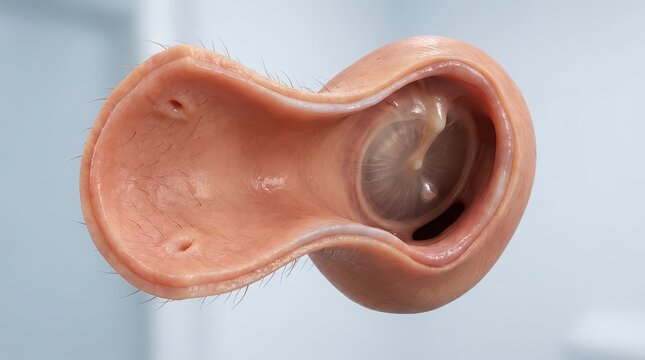 Close-up view of the inner ear canal and cochlea with hair follicles auditory canal