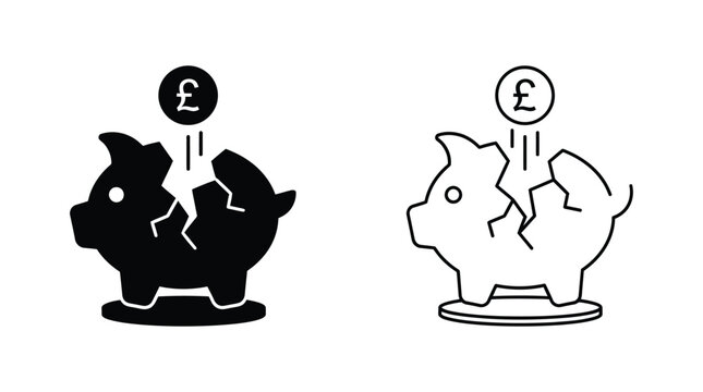 Broken piggy bank with pound coin falling in black and white vector illustration