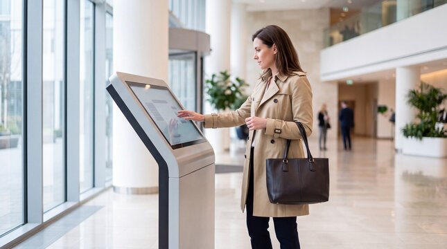 Businesswoman interacting with a modern interactive kiosk touchscreen terminal in a bright corporate office lobby, wearing a trench coat and carrying a handbag