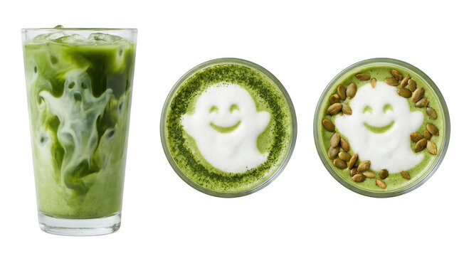 Matcha latte drinks with ghost latte art and pumpkin seeds isolated on transparent background