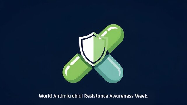 World Antimicrobial Resistance Awareness Week Concept with Pills and Protective Shield Icon.