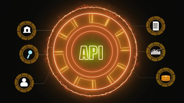 HUD interface animation connects software API icons across network. Programming interface data routes on HUD interface. Global server telecom powers interface.