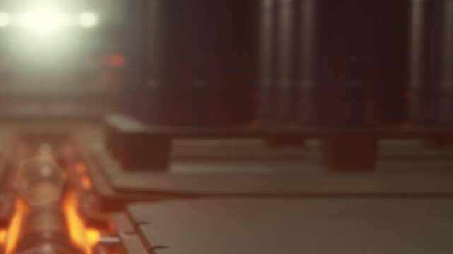 In a dimly lit industrial space, glowing flames dance along the floor, highlighting the metal surroundings. This warm light suggests an active process, likely involving temperature regulation.