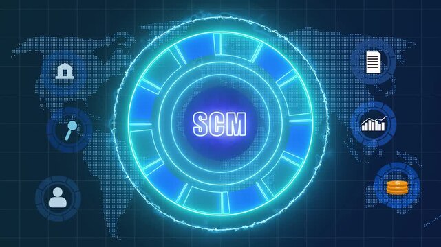 HUD interface animation displays supply chain icons across network. Logistics telecom data routes on HUD interface. Global transport systems power interface.