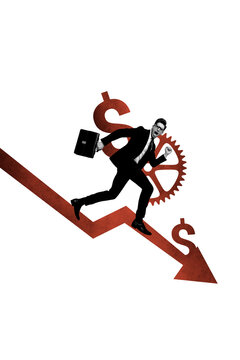 Vertical photo collage of unhappy angry man run recession arrow dollar sign inflation fall reduction isolated on painted background