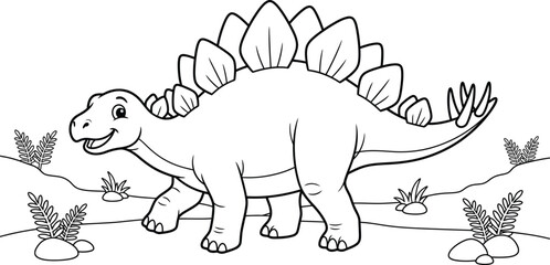 Stegosaurus dinosaur illustration with plants black and white line art on a white background © Masum